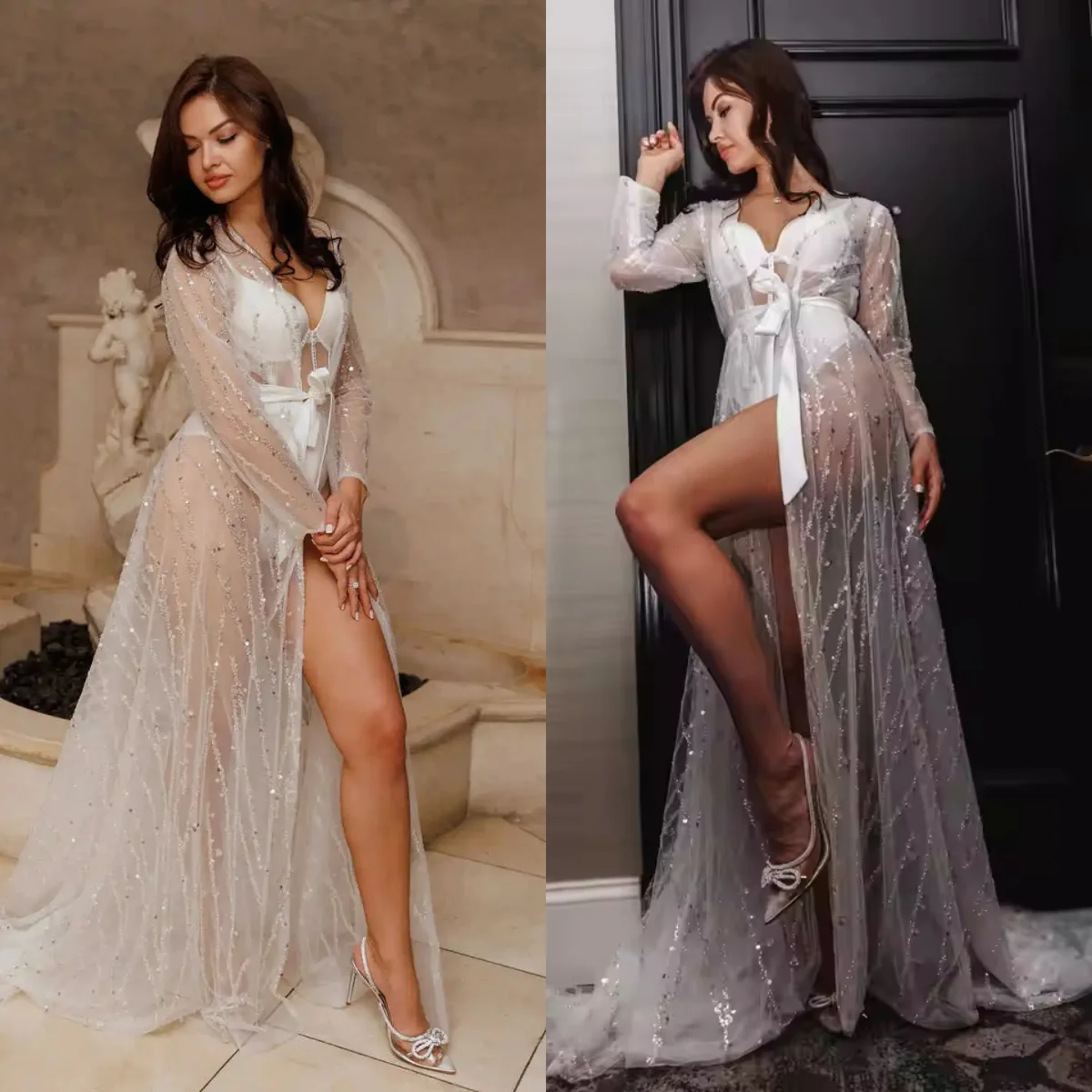 

Beading Sequined Bridal Robe Nightgown Pajamas Customized Lingerie Women Gowns Boudoir Bathrobe Wedding Getting Ready Outfit