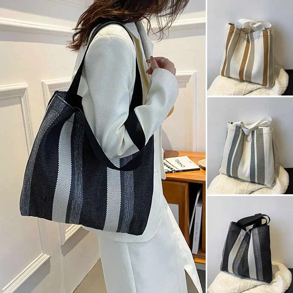 Simple Retro Handbag Small Fresh Striped Canvas Bags for Women Casual  Art Large-capacity Shoulder Bag Female