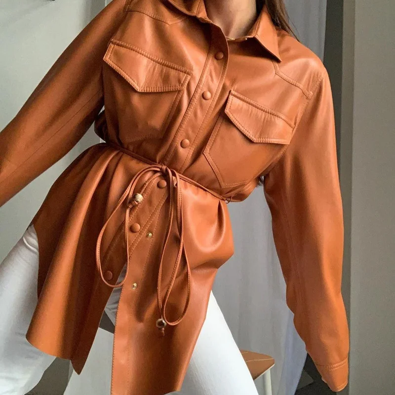 2023 Autumn and Winter Single Breasted Belt Long Sleeve Leather Shirt Woman