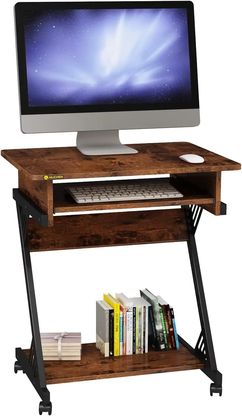 

2 Tier Computer Desk with Keyboard Tray, 23.6" Home Office Desk Computer Workstation Rolling Study PC Laptop for Small Spac