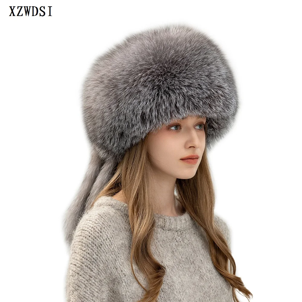 

Bomber Hat Natural Color Real Fox Fur Hats Genuine Rex Rabbit Fur Top Russian Outdoor Warm Fox Fur Cap