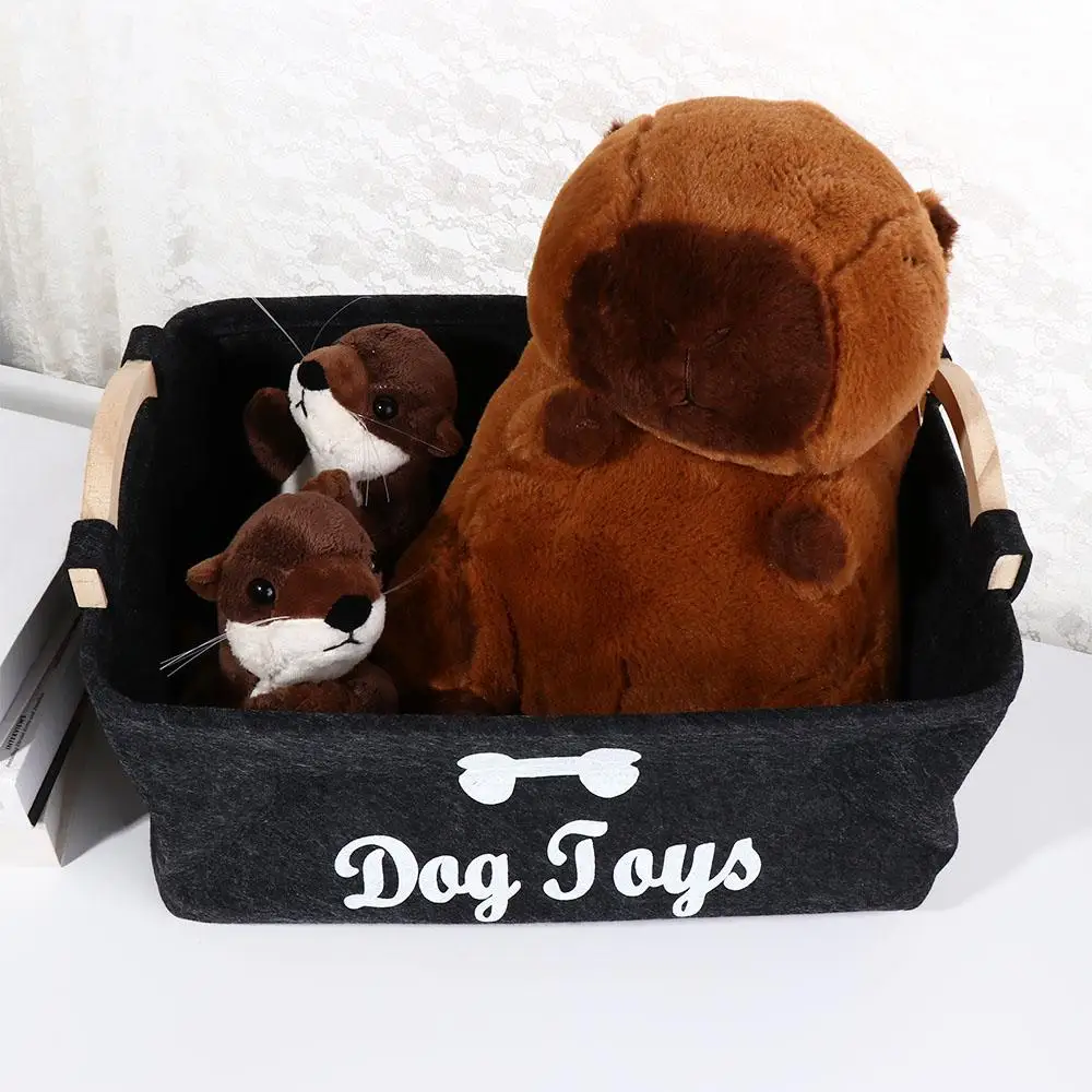 Felt Dog Toy Storage Basket with Handle Cartoon Pattern Dog Sundries Organizer Baskets Black Foldable Pet Toy Organizer Blankets