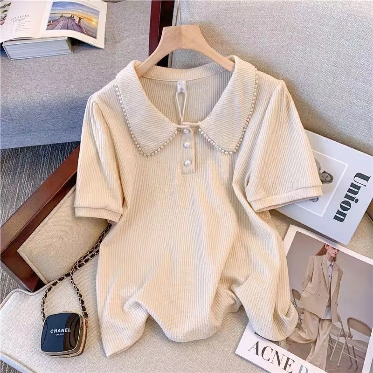 Women Soft Knit Casual Tee Lightweight Breathable Fabric Solid  Beige Tone Classic Peter Pan Collar Decorated ﻿ ﻿