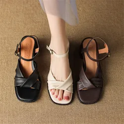 Genuine Leather Women Sandals 2023 Summer Shoes for Women Casual Gladiator Women Shoes Vintage Sheepskin Chunky Heel Sandals