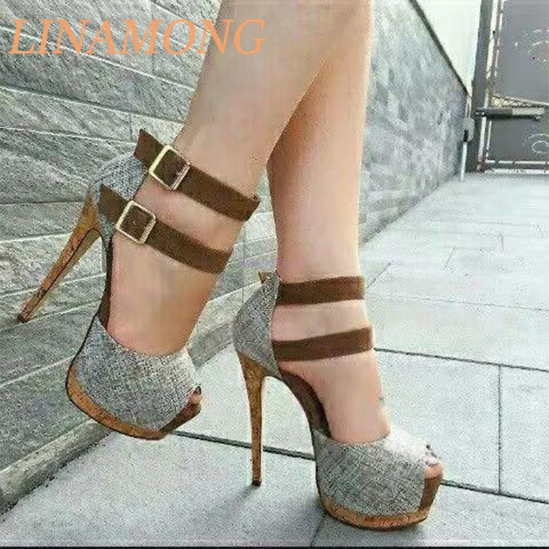 

Fish Mouth Bag, Heel Sandals Double Belt Buckle Design Thick Sole Platform Ladies' Temperament Slim High-Heeled Shoes