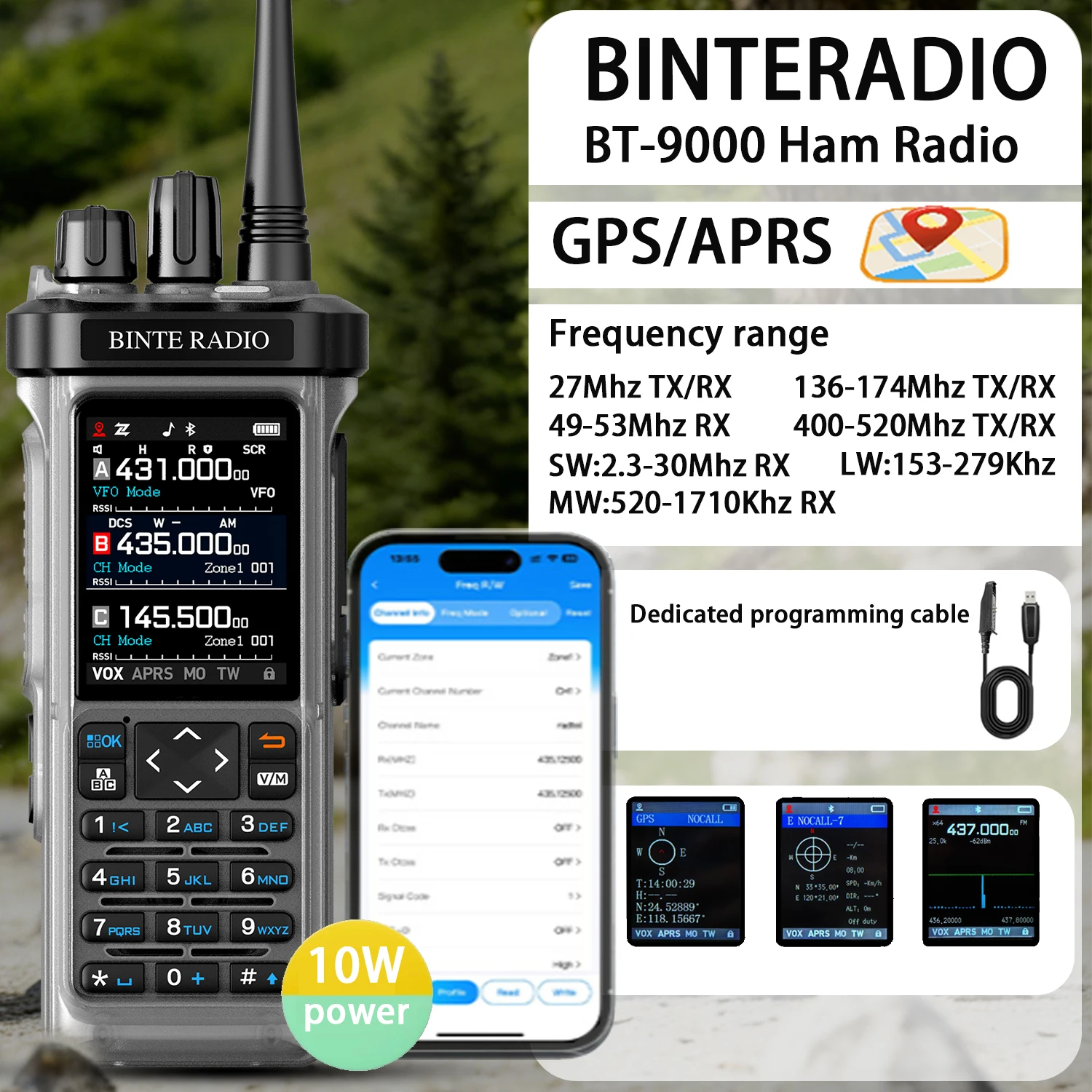 

BINTERADIO 9000 10W GPS APRS Walkie Talkie Bluetooth SSB Airband Spectrum Waterproof Port w/ Free Dedicated Programming Cable