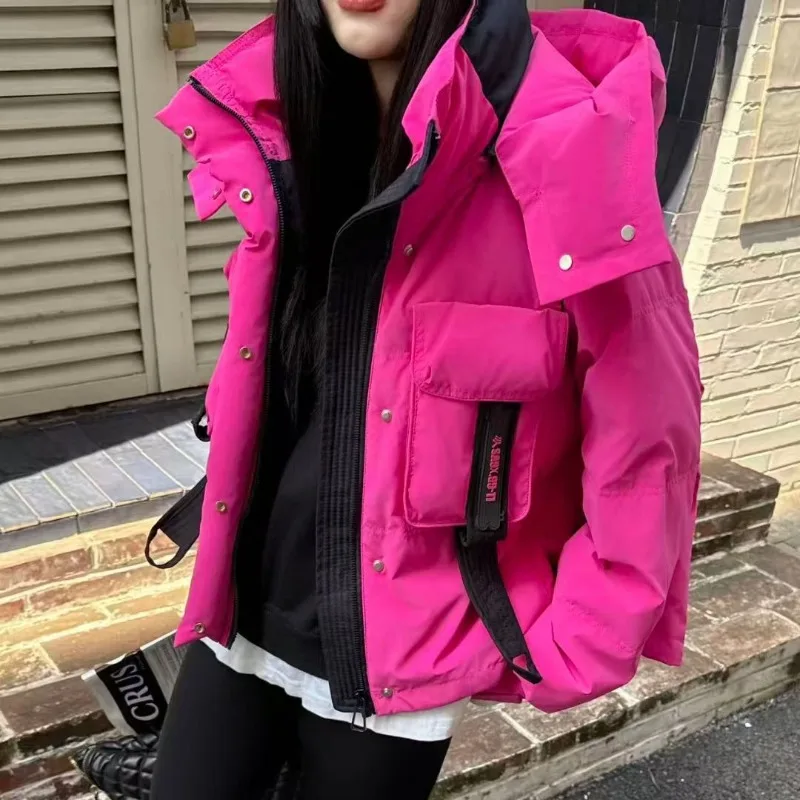 New Trendy Brand Color Matching Fashionable Versatile Hooded Thin Down Jacket Women's Loose Thin Coat  High Appearance Level