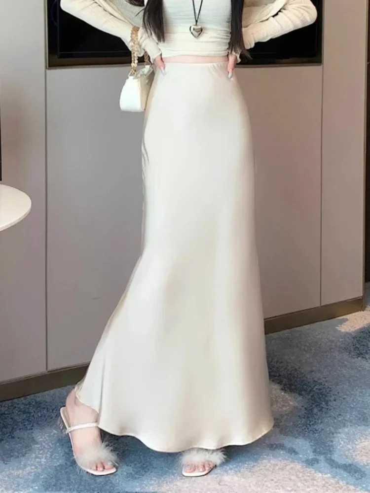 Fashion Korean Summer Women's Long Skirt Silk High Waisted Slim Satin Skirt Solid Champagne Black Midi Skirts for Women