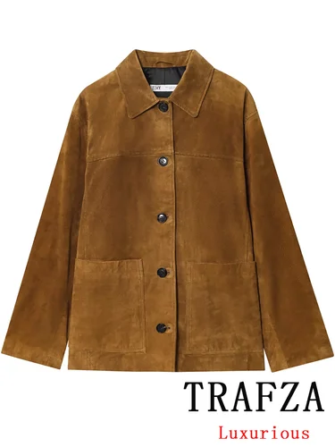 Imagen 2 del producto Otoño Invierno chaquetas de calle mujeres botones de manga larga abrigos de gran tamaño moda 2025 Casual Chic marrón chaquetas de mujer