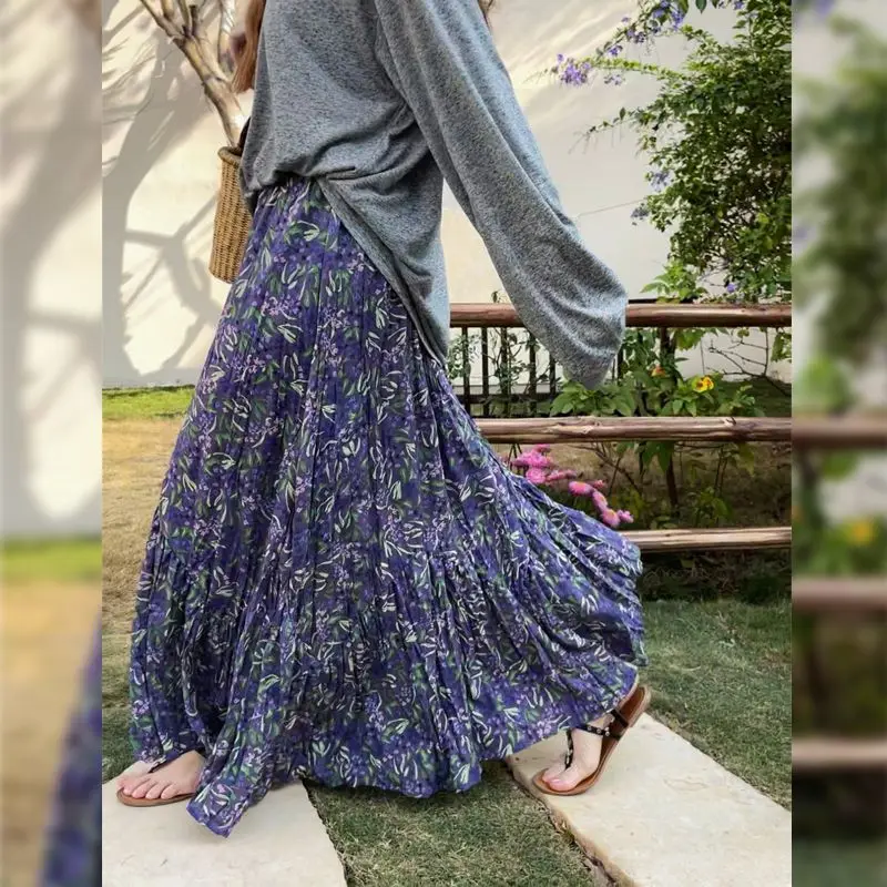

High waist elastic purple floral skirt women's spring and summer new thin a-word pleated long dress retro pendulum skirt
