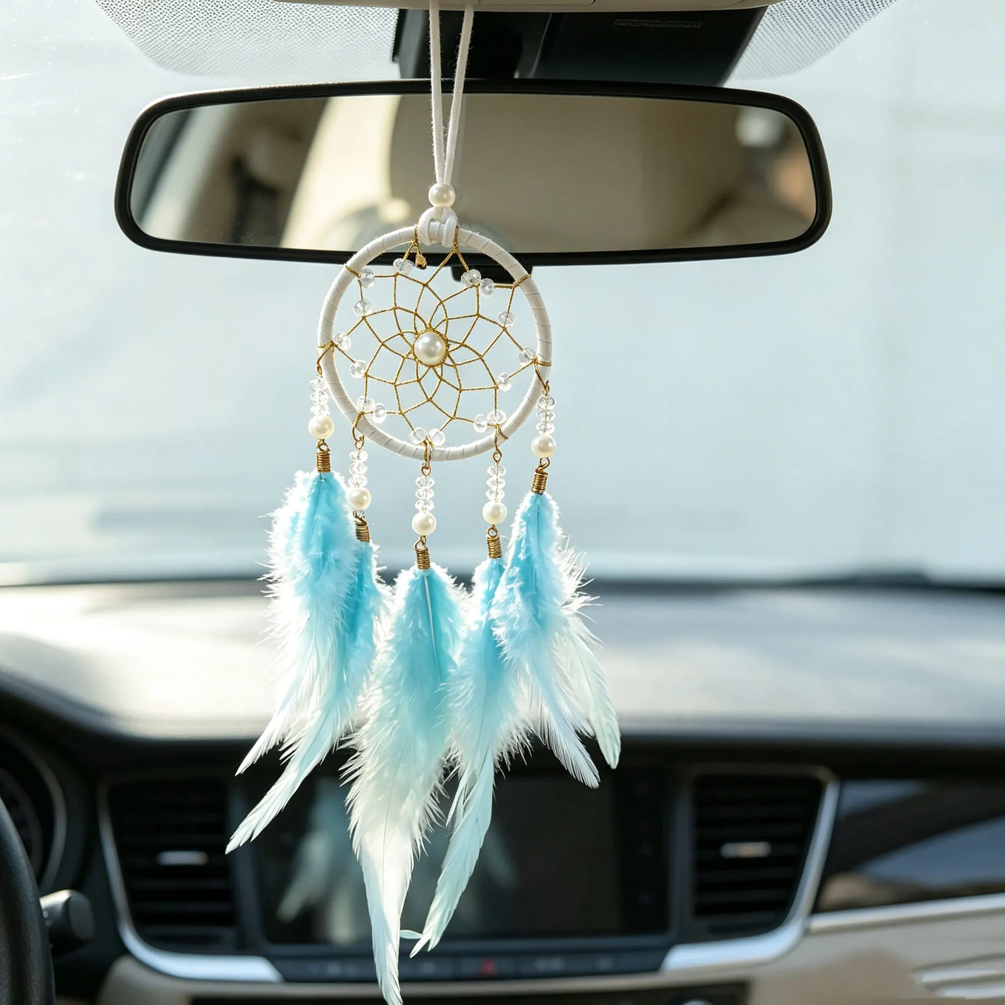 Bohemian 2Pcs Small Dream Catcher Set Golden Web Bead Gradient Feather Craft for Car Hanging Bedroom Nursery Wall Decor Gift