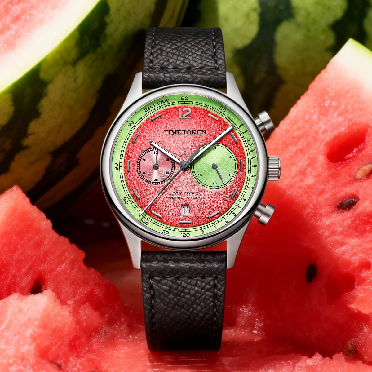 

TIME TOKEN Unique Watermelon Dial Watch for Men Chronograph Quartz Sapphire Glass 50M Waterproof Luminous Date Sport Watch