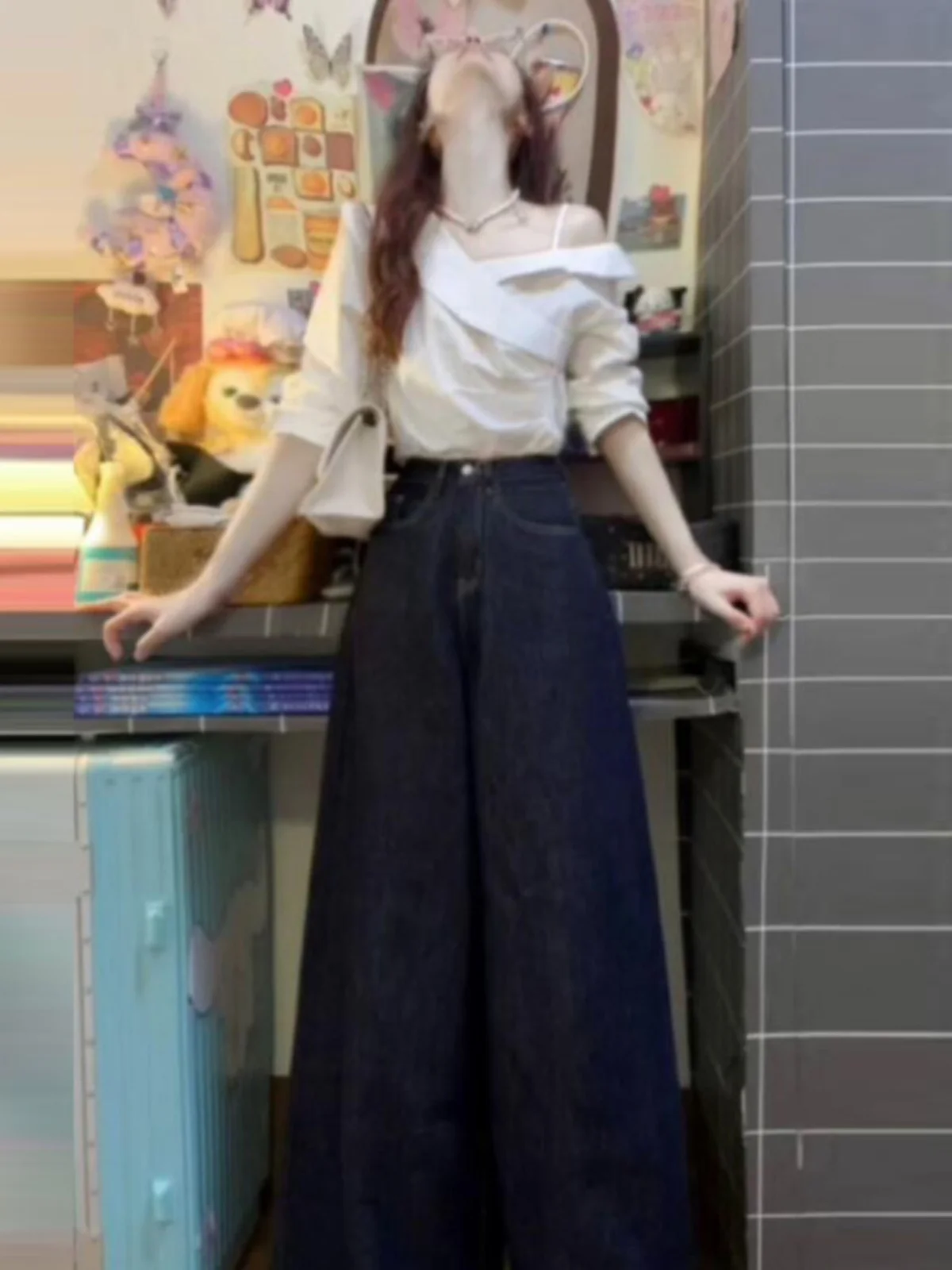 

Summer Outfit Korean Style Shoulder Bared Denim Wide Leg Pants Two Piece Set Comfortable Cotton V Neck Short Sleeve Shirt