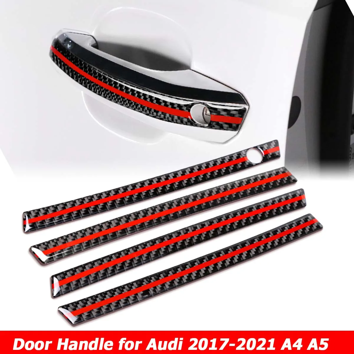 4PCS Carbon Fiber Exterior Door Handle Sticker Stripe Decoration Trim Decal For Audi A4 B9 A5 2017-2021 Car Accessories