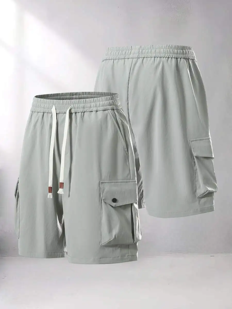 Mens Loose Straight Fit Cargo Shorts With 3D Pockets Drawstring Waist Casual Summer Shorts