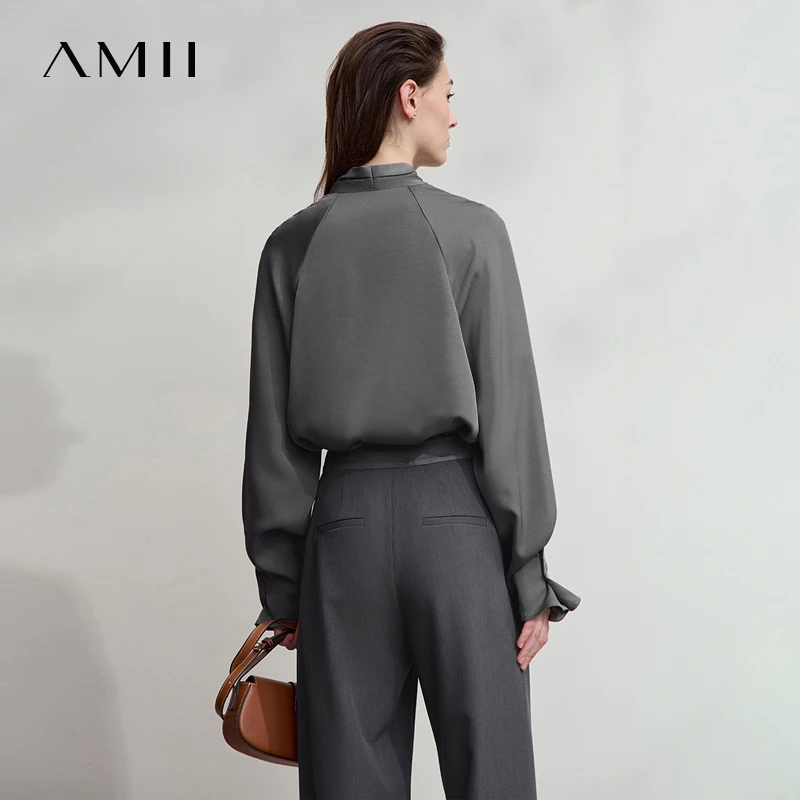 AMII 우아한 여성 블라우스 루즈 심플 V넥 여성 상의 블라우스 2025 가을 긴팔 셔츠 여성 의류 12543067