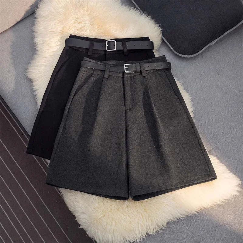 Short ample en laine pour femme, taille haute, jambes larges, cinq points, décontracté, à la mode, nouvelle collection automne hiver