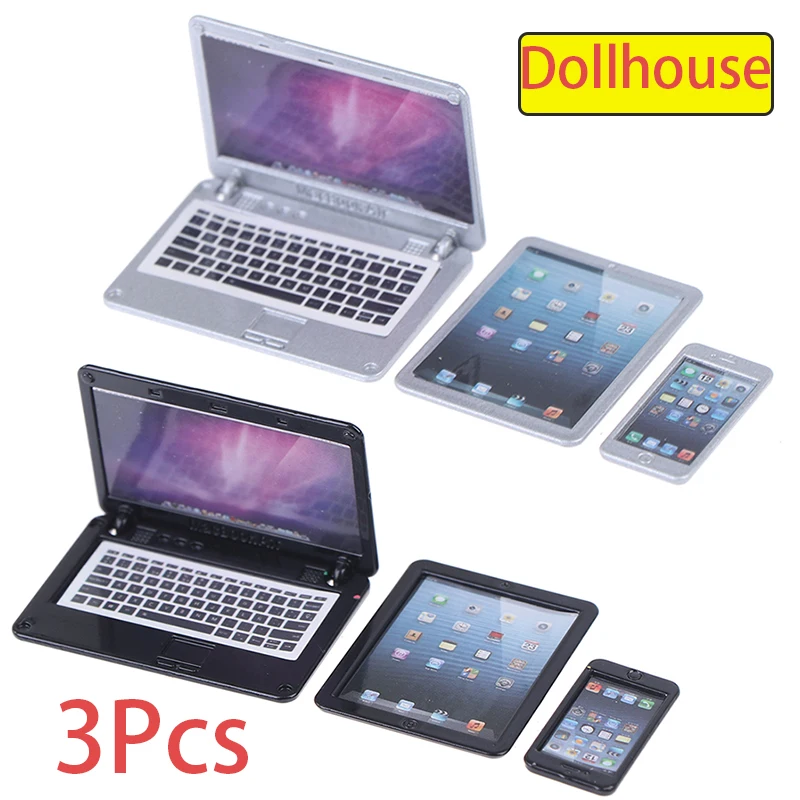3Pcs/set 1:6 Dollhouse Simulation Miniature Laptop Phone Tablet Model Doll House Learning Scene Decor Toy