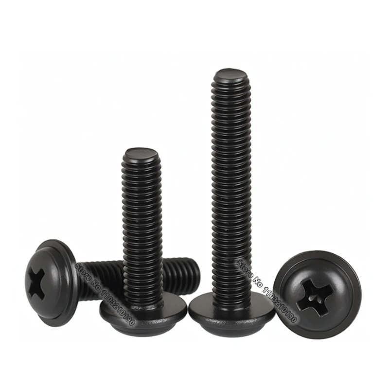 50/100/300 قطعة M2 M2.5 M3 M4 M5 صغيرة صغيرة سوداء الكربون الصلب الصليب فيليبس عموم رأس مستدير مع غسالة طوق وسادة مسامير البراغي