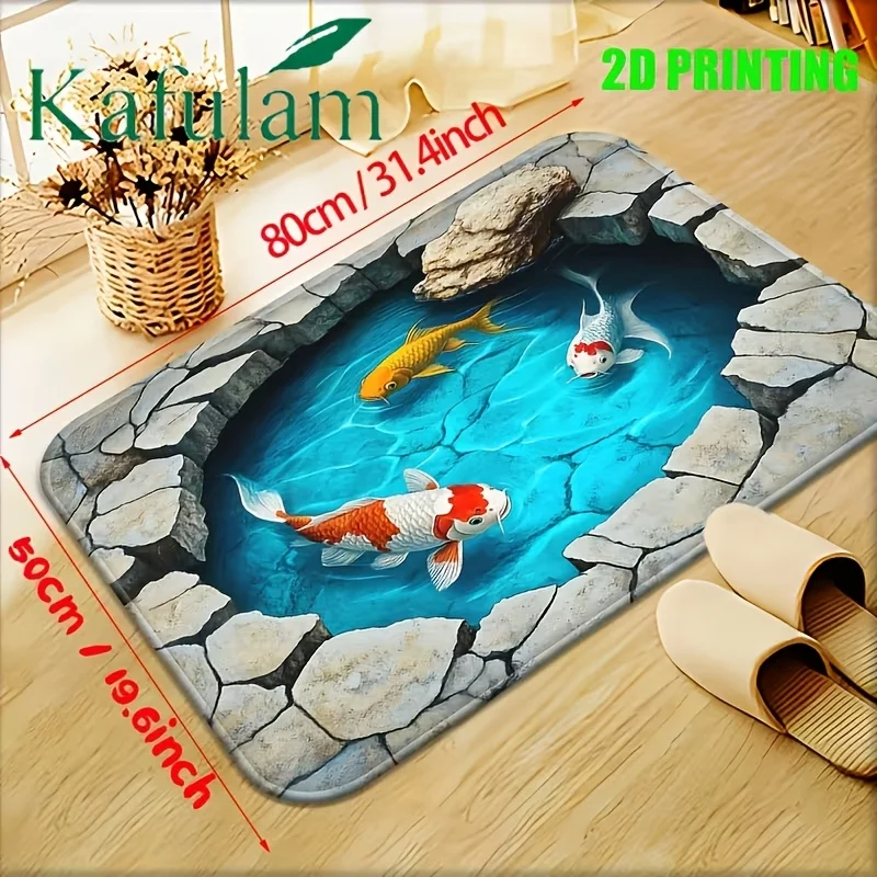 VIKAMA 3D Visual Koi Fish Pond Doormat Stone Edge Water Pool Print Non Slip Floor Mat For Bathroom Entryway Indoor Home Decor