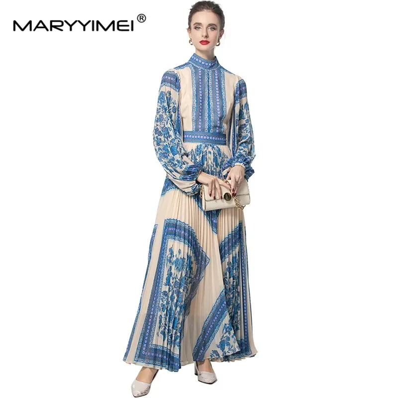 MARYYIMEI Fashion design Women's Dress Stand collar Lantern Sleeved High waist Vintage Print Pleated Splicing S-4XL Dresses