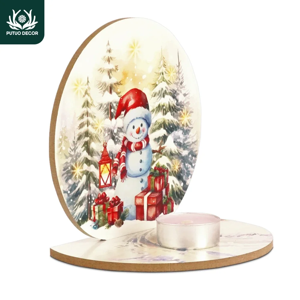 

Putuo Decor 1pc Wooden Table Decoration Candle Holder, With Snowman Christmas Tree Elements,Decoration for Home Office Cafe Shop