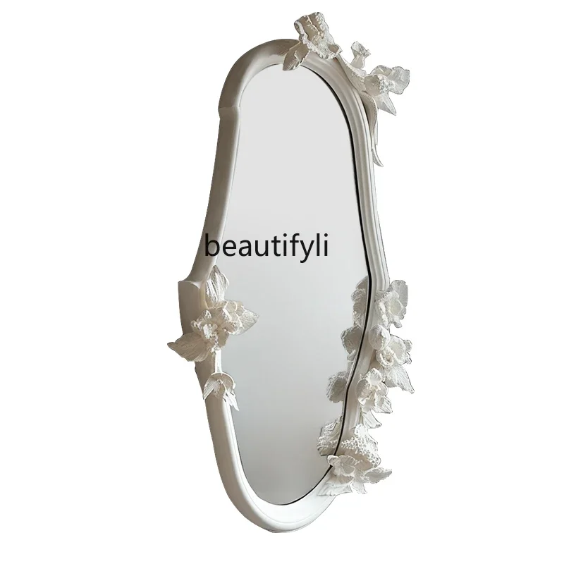 

French wall-mounted full-length retro carved full-body mirror cream-style wall-mounted floor-to-ceiling mirror in the entra
