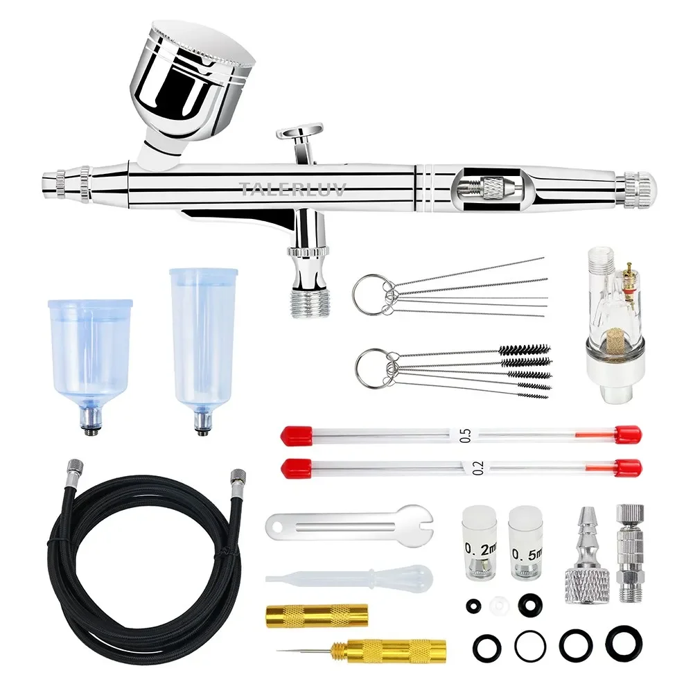 Airbrush Kit Dual-Action Gravity Airbrush Spray Gun with 0.2/0.3/0.5mm Needles Set 7cc/20cc/40cc Cup Air Hose and Cleaning Kit 