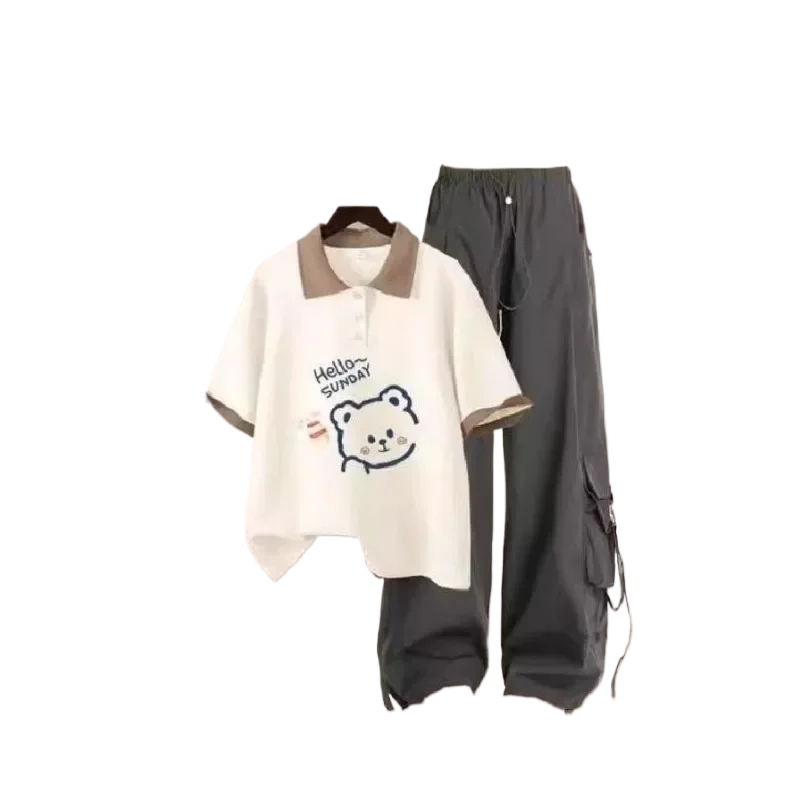 T-shirt à manches courtes et pantalon cargo taille haute pour fille, ensemble assressentisportif, décontracté et mignon, style coréen, deux pièces, été, nouveau