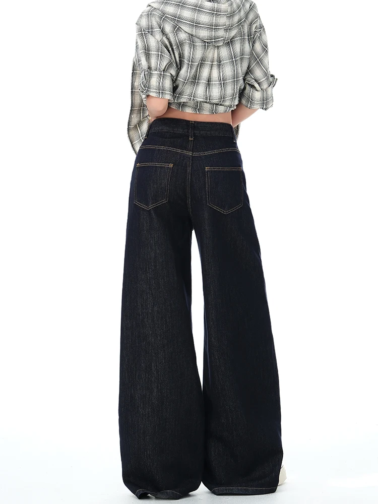 

Deep Blue High Waist Wide Leg Denim Jeans Women's Spring Autumn Slimming Loose Drapey Lazy Straight Floor-Length Pants