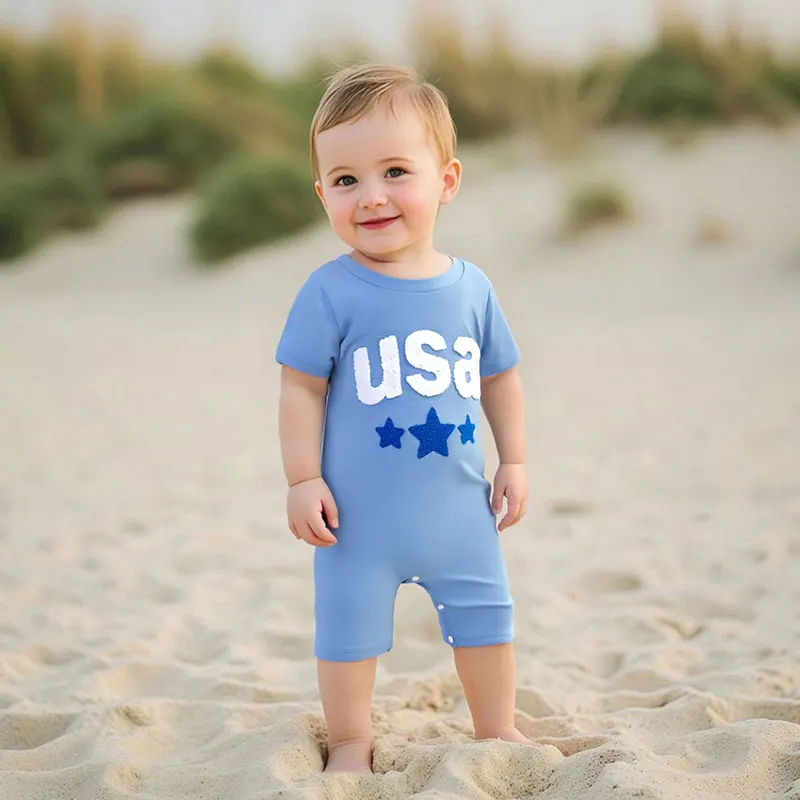 Infant Independence Day  Relaxed Fit Patriotic Design Round Neck Baby Bodysuit with Embroidered Stars and Letters
