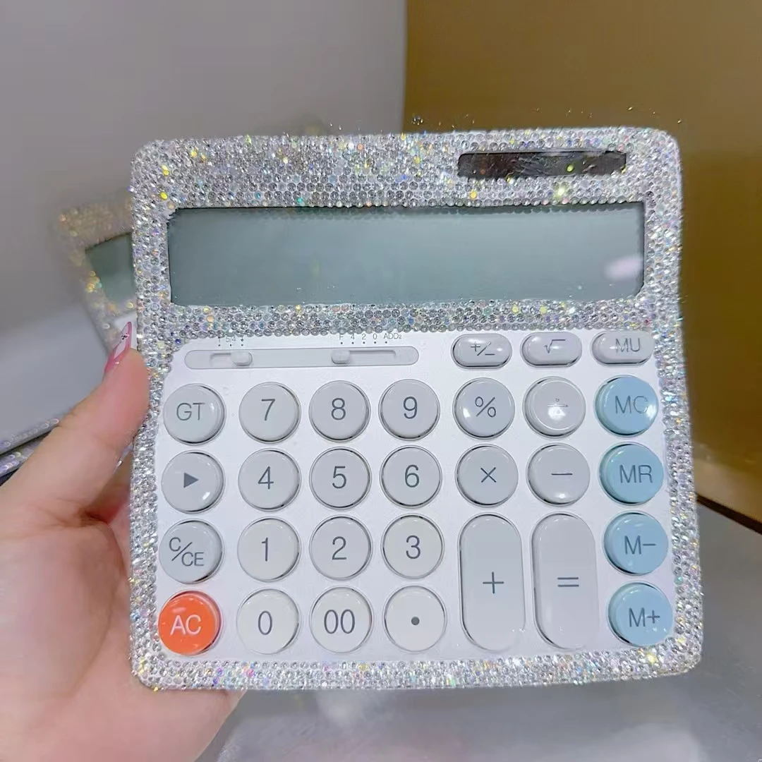 Solar Calculator with Rhinestone Decorated Office Large Screen Display Accurate Mute Accounting and Financial Office Tools