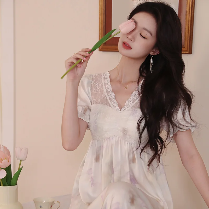 Sexy Mesh V Neck Night Dress Women Summer Ice Silk Nightgown Lace Short Sleeve Nightdress Princess Satin Sleepwear Nightwear