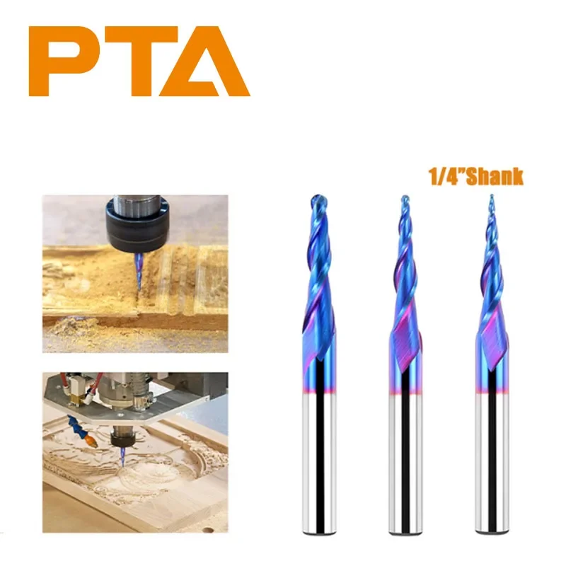 

Ball Nose Router Bit 1/4" Shank,2 Flute Tapered Ball Nose End Mill , 1/32 1/16 1/8 inch Carbide CNC Router Bit,Solid Carbide CNC