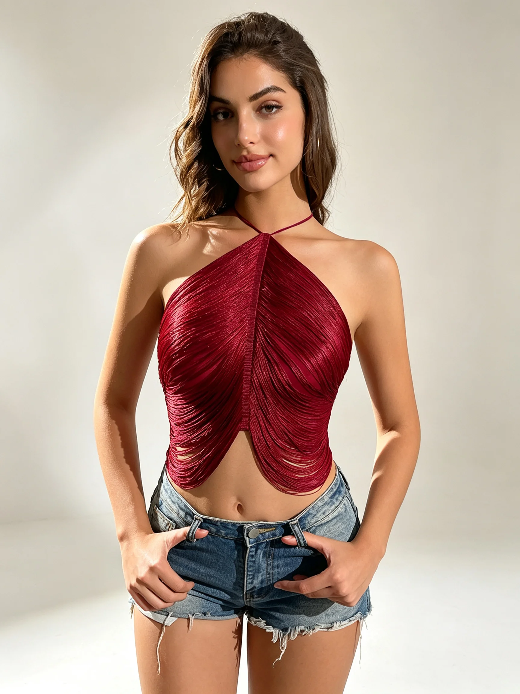 Burgundy Fringed Halter Crop Top Spring Fashion Sexy Backless Crisscross Tie All-match High Street Women Sleeveless Party Top