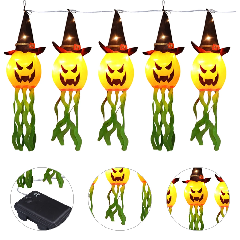 String of 5 Lighted Hanging Ghost with Witch Hats Hanging Pumpkin Witch Hats with LED Lights String Halloween Outdoor Decoration