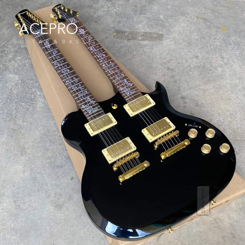 

Acepro Double Neck Electric Guitar Black Color Basswood Body Carved Top, Abalone Custom Stem Inlays, Gold Hardware Guitarra