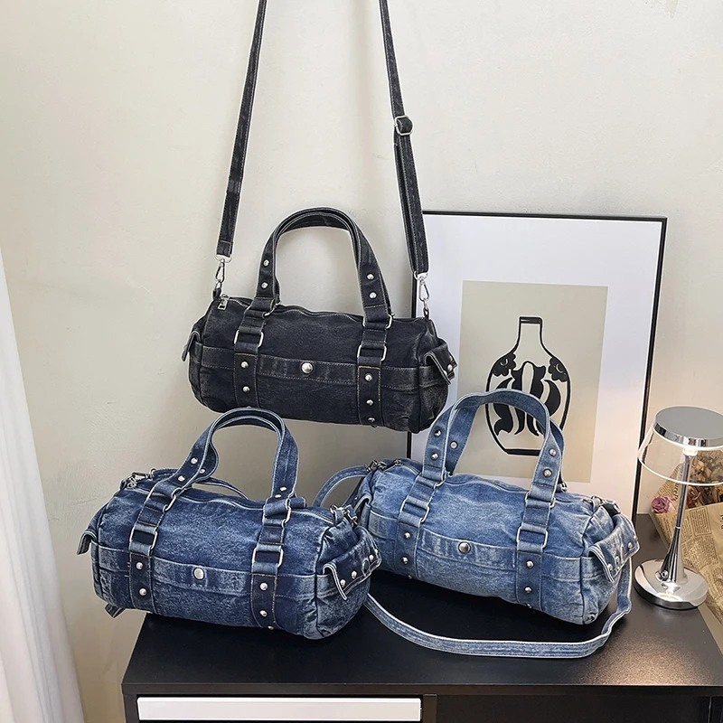 Brand Vintage Washed Denim Cylinder Handbag for Women Rivet Decorated Jeans Crossbody Bag Fashion Street Style Retro Boston Bag