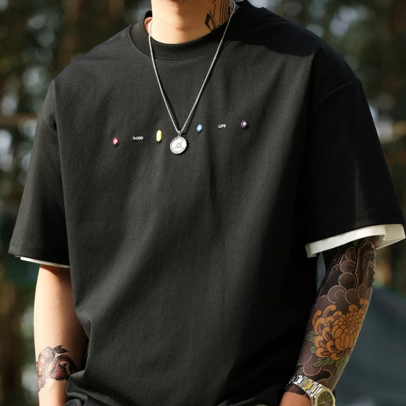 Mens T Shirt Harajuku American Embroidery Tee Loose Fit Drop Shoulder Round Neck Breathable Short Sleeve Summer Casual Unisex