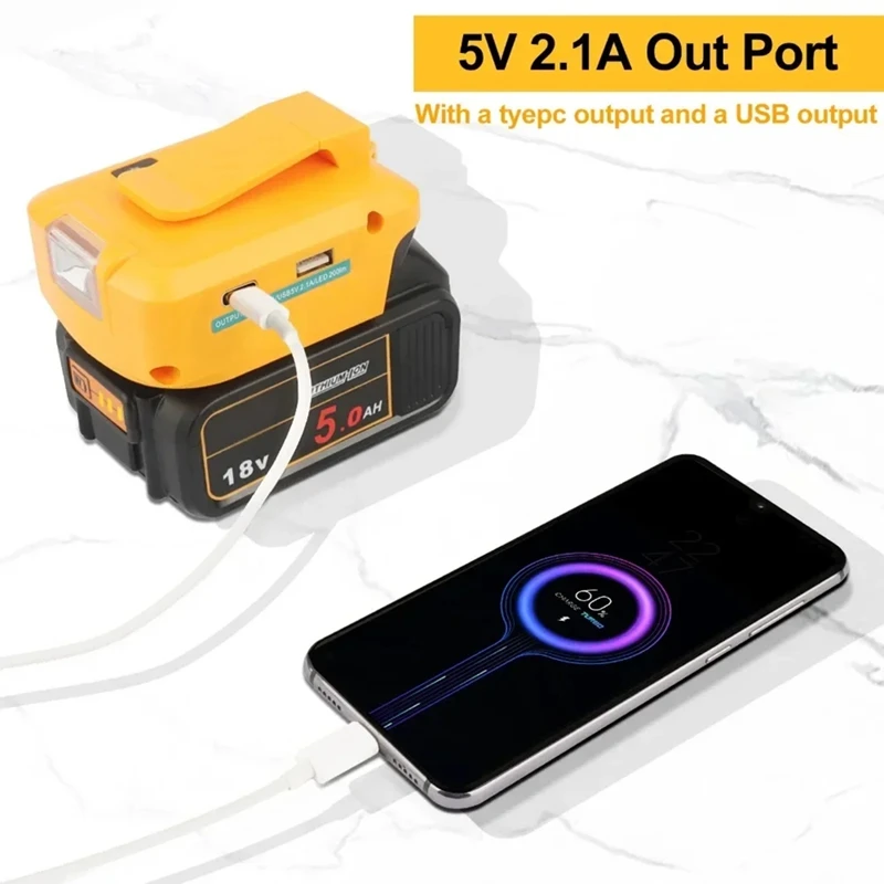 2 USB Battery Adapter For Dewalt LED Work Light 18V 20V 60V Li- Battery Power Tools DC 12V/2A Output Charger