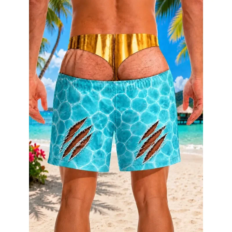for Men Aqua Pool Water Print Beach Shorts Golden Brief White Drawstring Faux Torn Claw Mark Optical Illusion Graphics Funny