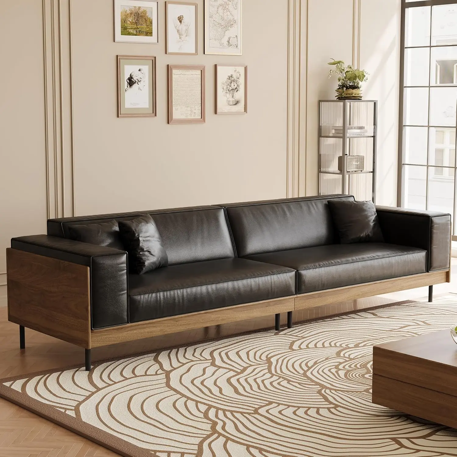 

106.3" Mid-Century Modern 4-Seater Leather Sofa Couch, Solid Wood Frame Living Room Furniture for Apartment or Office, Black
