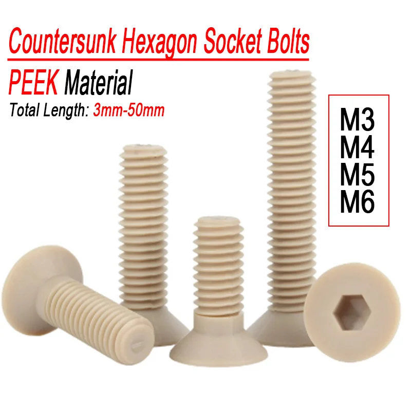 M3 M4 M5 M6 DIN7991 PEEK Plastic Countersunk Screws Hexagon Socket Allen Key Bolts Insulation High-temperature Resistant Bolt
