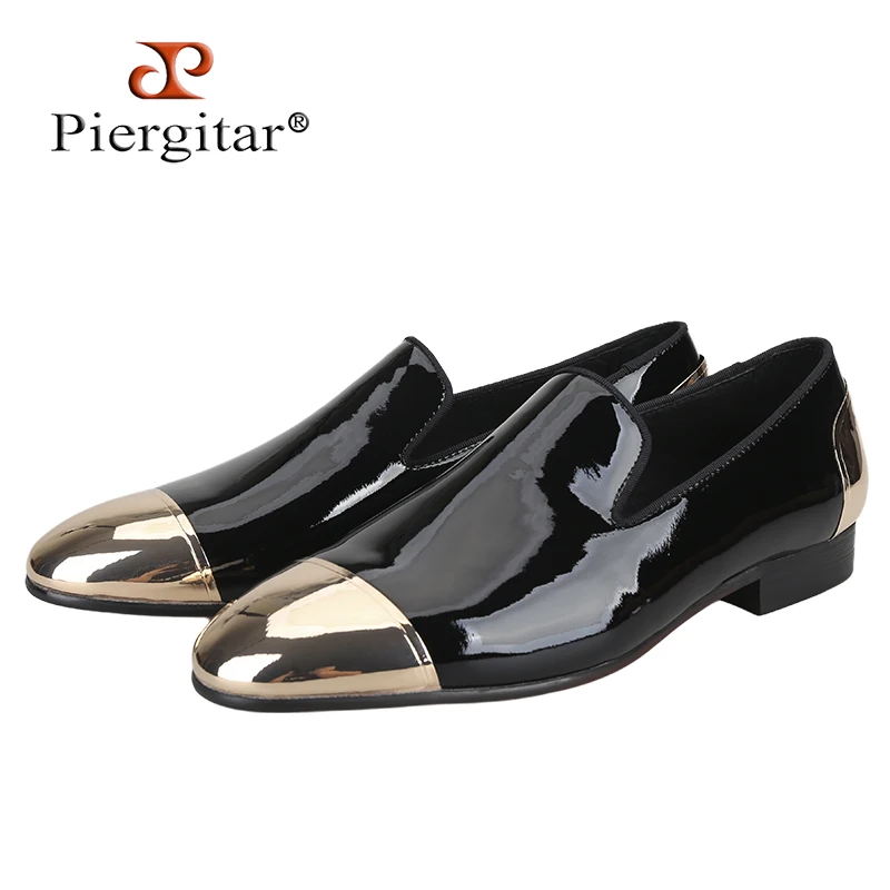 Piergitar Gentleman Style High Grade Patent Leather WIth Gold Metal Toe Cap Men's Loafers For Dinners And Wedding Formal Wear