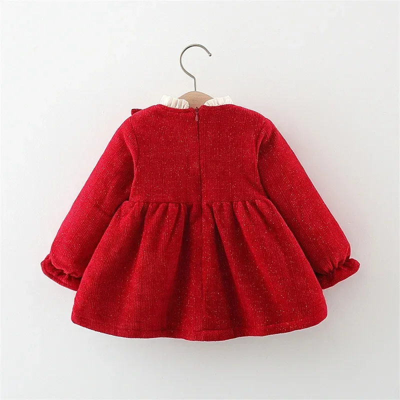 Winter Newborn Girls Clothes Korean Fashion Bow Cute Fleece Warm Thick Long Sleeve Red Baby Dress Luxury Birthday Dresses BC1704