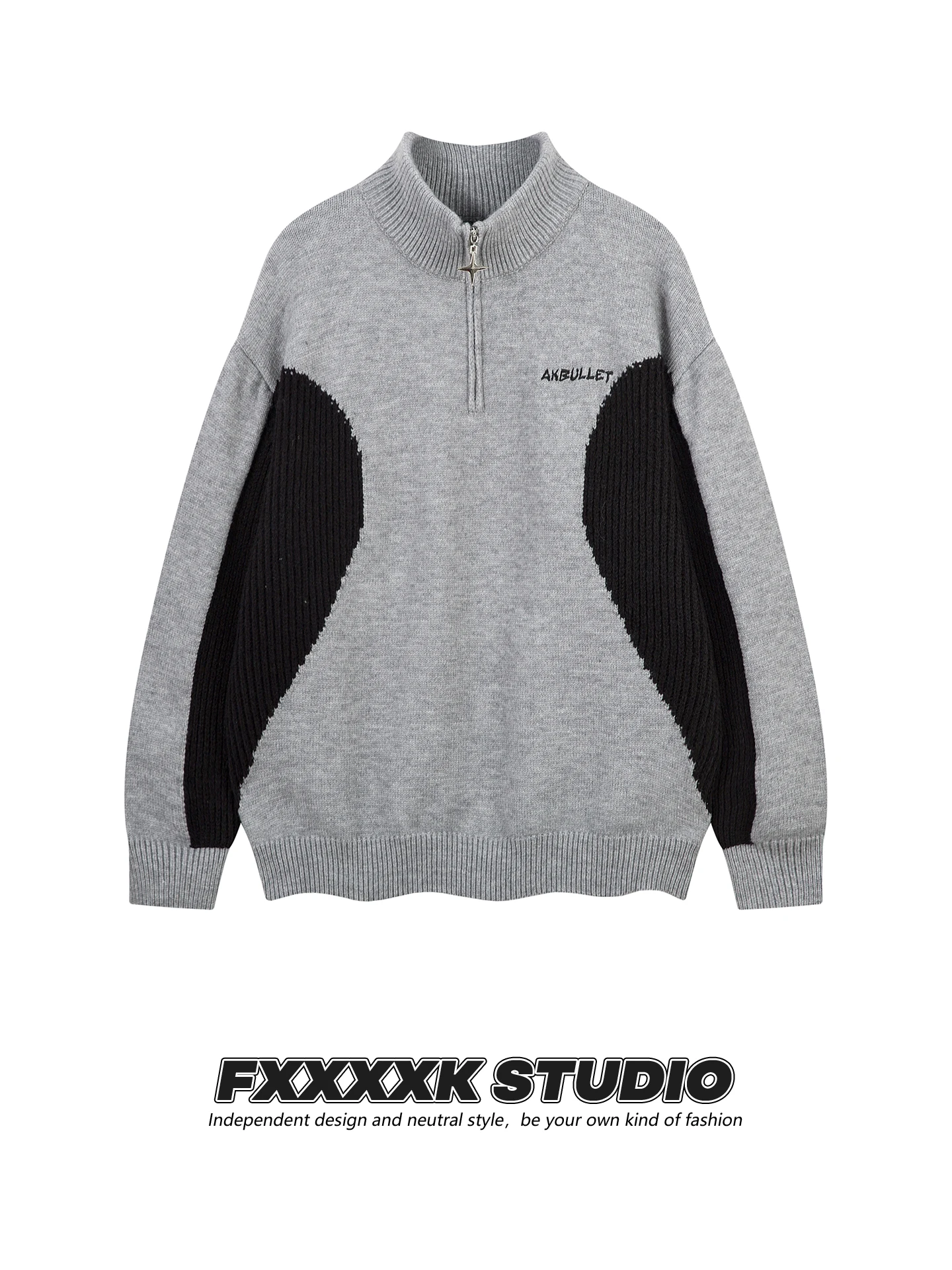 

Свободный вязаный свитер на молнии с цветными вставками, высоким воротником, осенний, модный, в американском ретро-стиле, бренд FXK