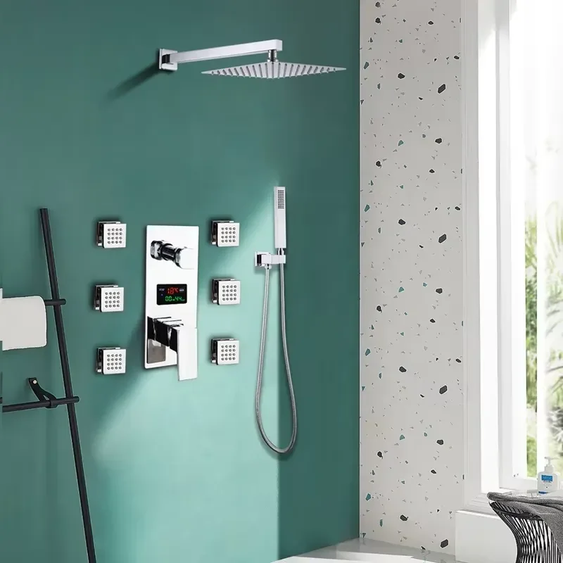 Brass Shower Set Wall Mounted In-Wall Bathroom Taps Rainfall Led Lights Soft Jet Spray Pattern Chrome Finish for
