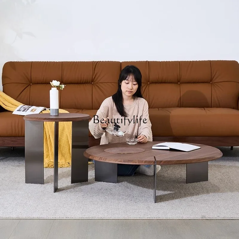 

yj7 Light luxury high-end round coffee table living room household stainless steel high and low combination Italian minimalist