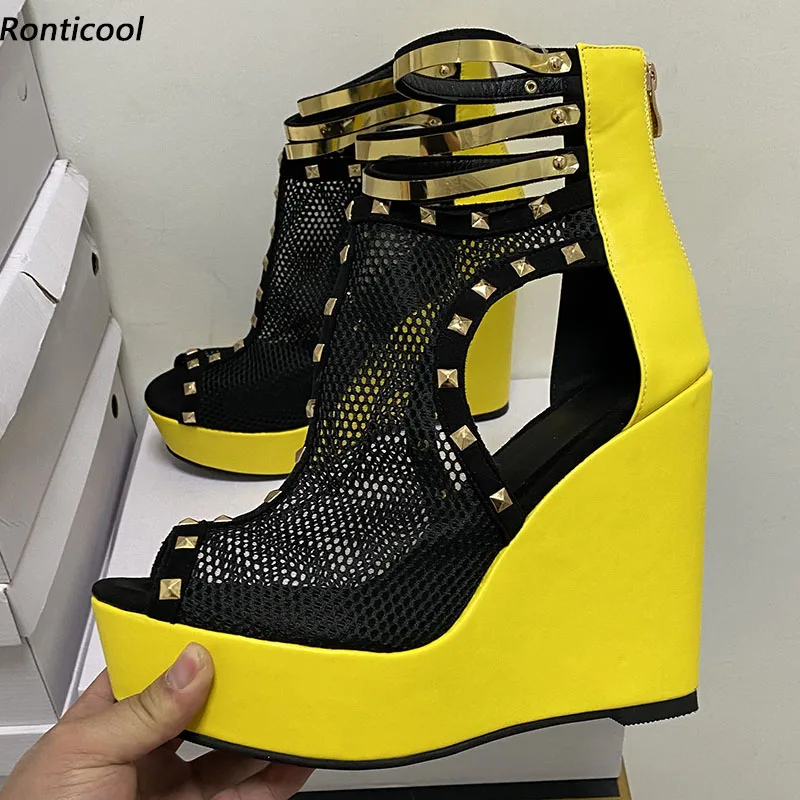

Ronticool New Handmade Women Summer Sandals Mesh Studded Wedges Heels Peep Toe Beautiful Yellow Party Shoes Ladies US Size 5-20