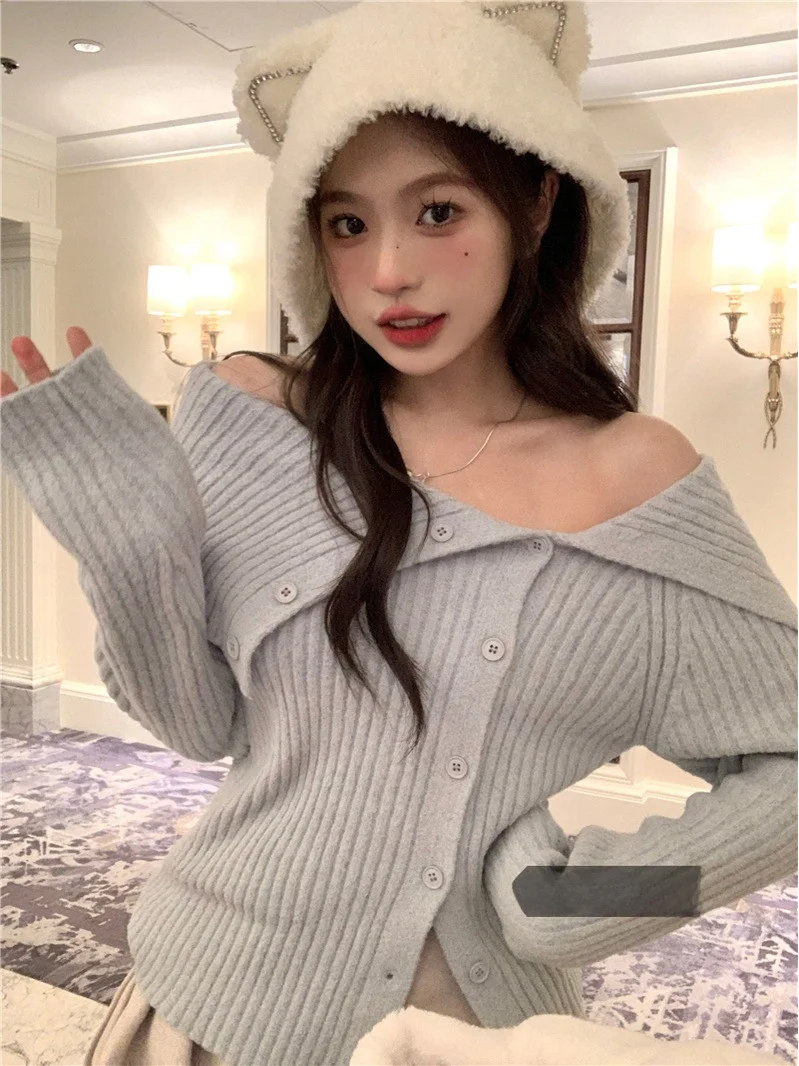 Pure Desire-suéter de punto con cuello grande para mujer, cárdigan abierto con capa Base ajustada Irregular, Top hasta la clavícula, otoño